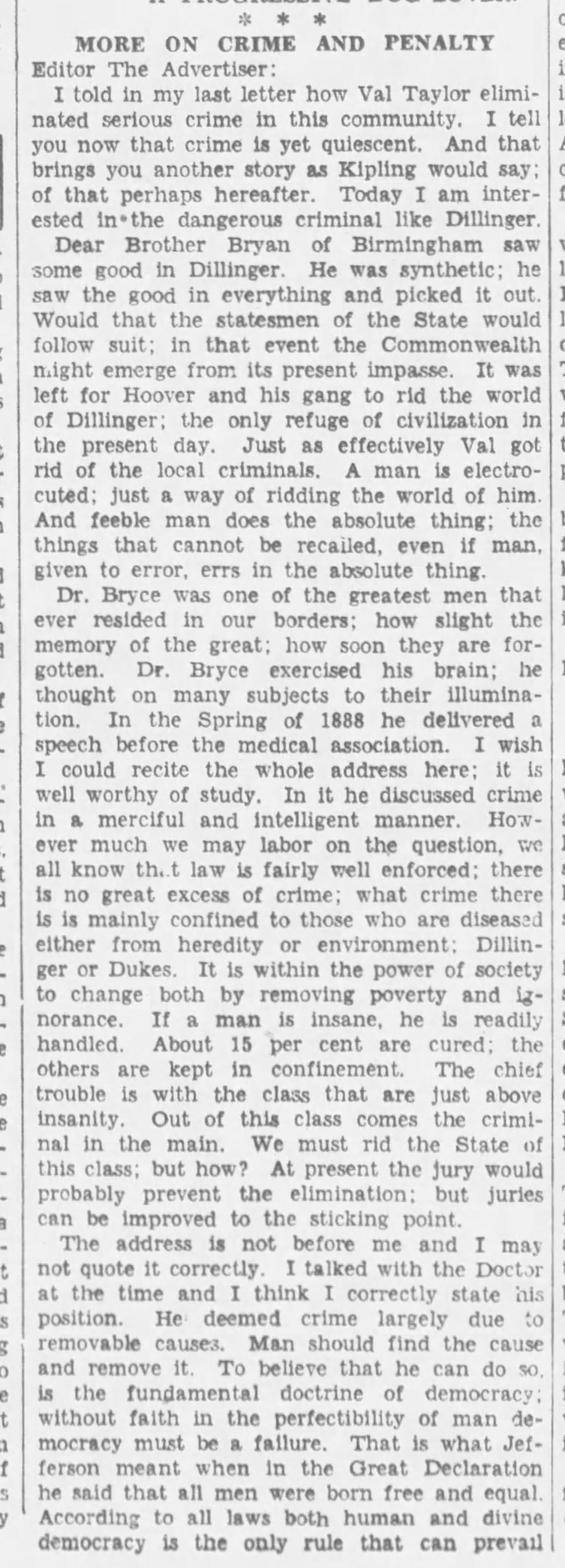 Letter to the Editor (Only Brother Bryan sees good in infamous John Dillinger)